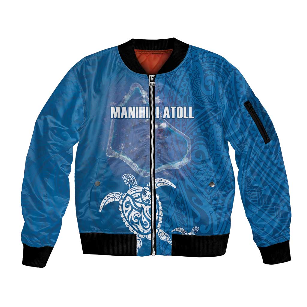 Cook Islands Manihiki Atoll Sleeve Zip Bomber Jacket Maori Turtle and Polynesian Pattern LT03 Unisex Blue - Polynesian Pride