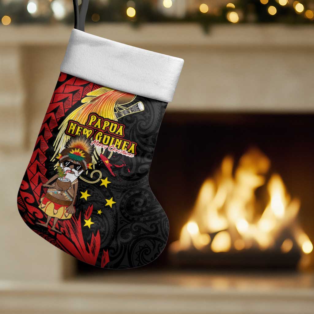 Papua New Guinea Christmas Stocking Funny Melanesian Santa with Bird-of-paradise Tribal Style LT03 Set of 2 Black - Polynesian Pride