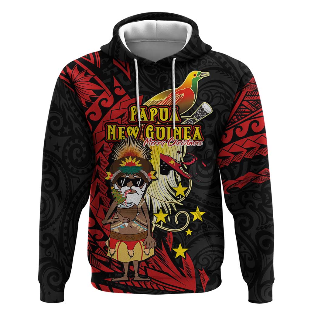 Papua New Guinea Christmas Hoodie Funny Melanesian Santa with Bird-of-paradise Tribal Style LT03 Pullover Hoodie Black - Polynesian Pride