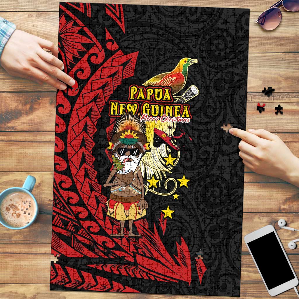 Papua New Guinea Christmas Puzzle Funny Melanesian Santa with Bird-of-paradise Tribal Style LT03 Black - Polynesian Pride