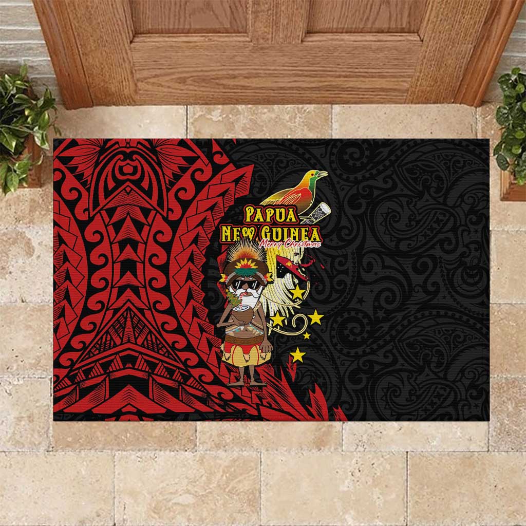 Papua New Guinea Christmas Rubber Doormat Funny Melanesian Santa with Bird-of-paradise Tribal Style LT03 Black - Polynesian Pride