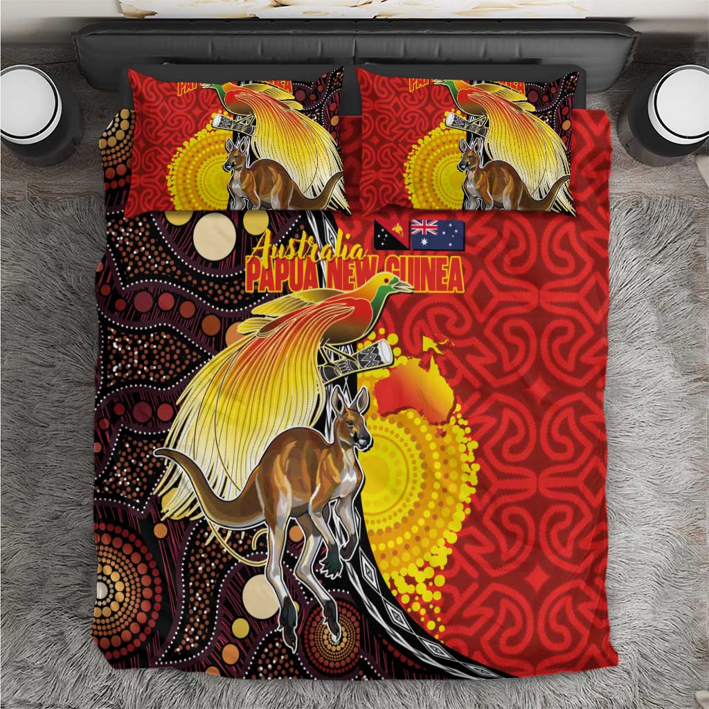 Australia and Papua New Guinea Together Bedding Set Bird-of-paradise and Kangaroo with Oro Tapa and Aboriginal Art Motifs LT03 Black - Polynesian Pride