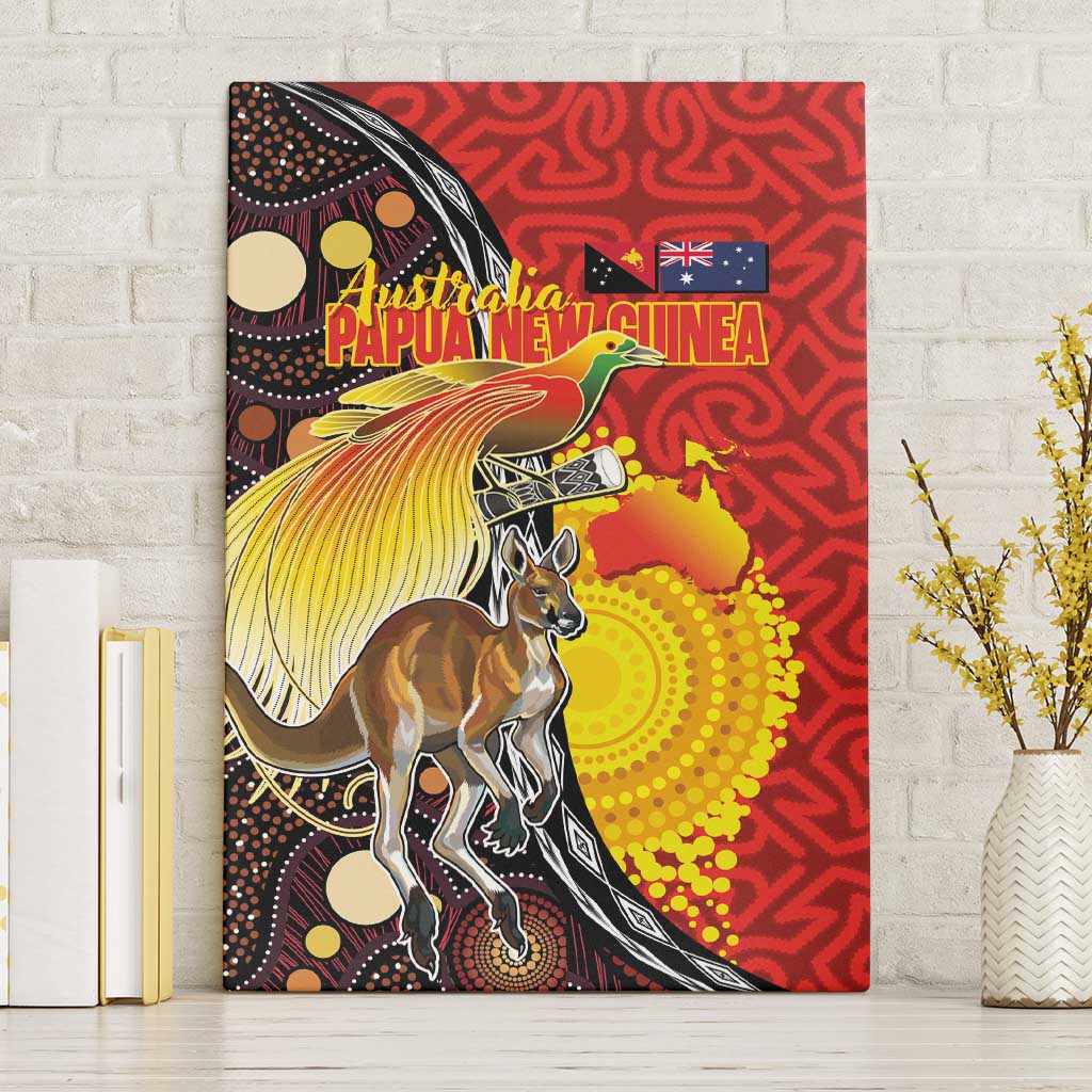 Australia and Papua New Guinea Together Canvas Wall Art Bird-of-paradise and Kangaroo with Oro Tapa and Aboriginal Art Motifs LT03 Without Frame Black - Polynesian Pride