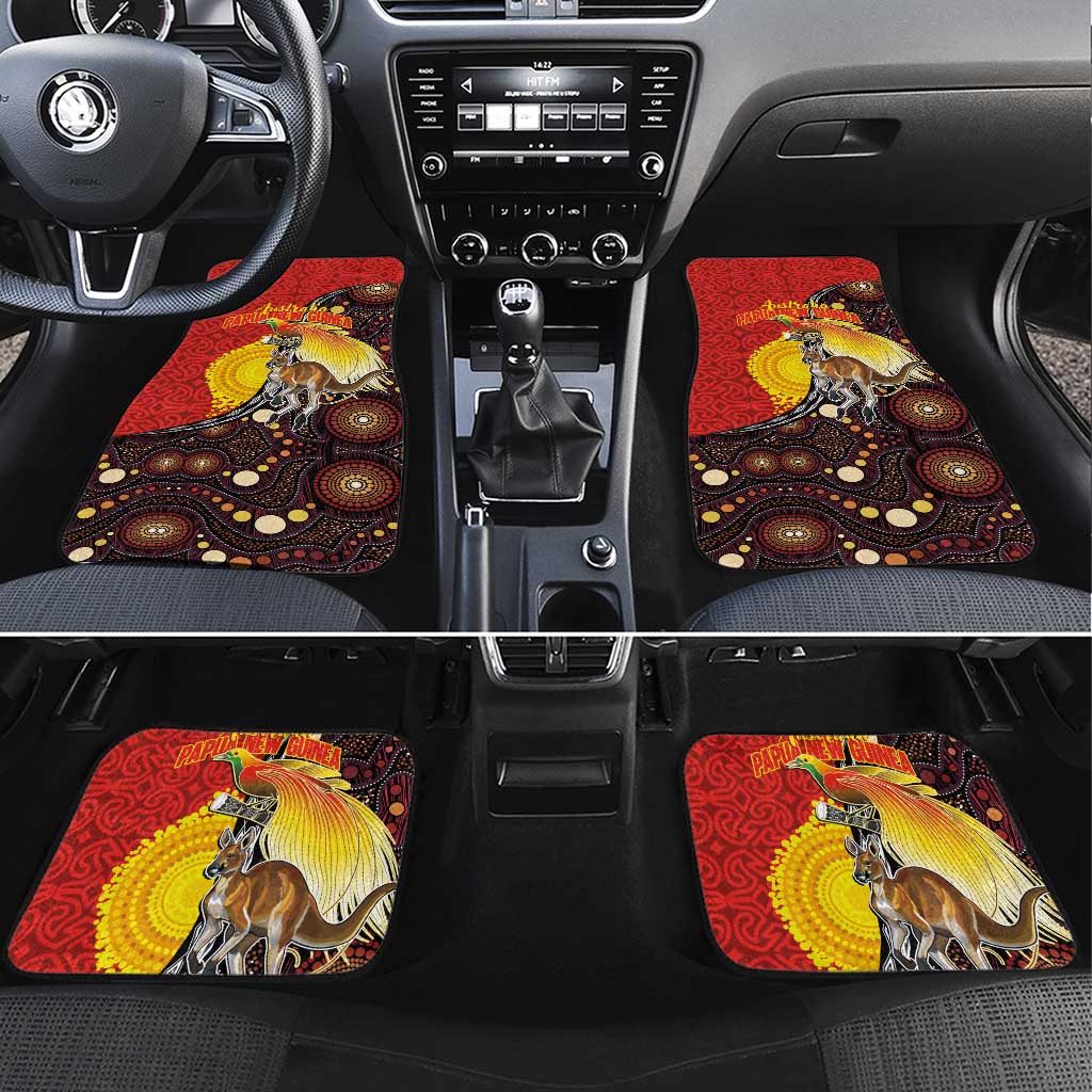 Australia and Papua New Guinea Together Car Mats Bird-of-paradise and Kangaroo with Oro Tapa and Aboriginal Art Motifs LT03 Set 4pcs Black - Polynesian Pride