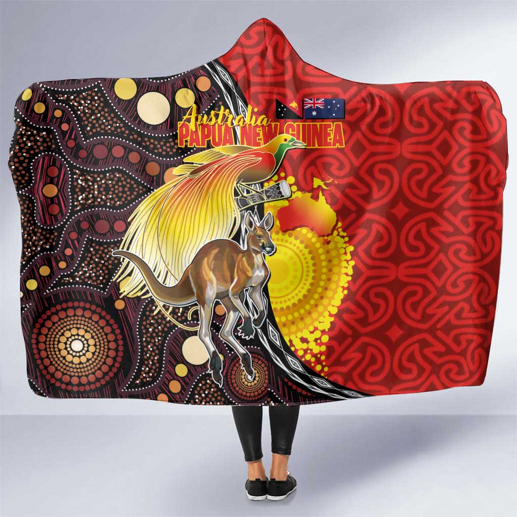Australia and Papua New Guinea Together Hooded Blanket Bird-of-paradise and Kangaroo with Oro Tapa and Aboriginal Art Motifs LT03 One Size Black - Polynesian Pride