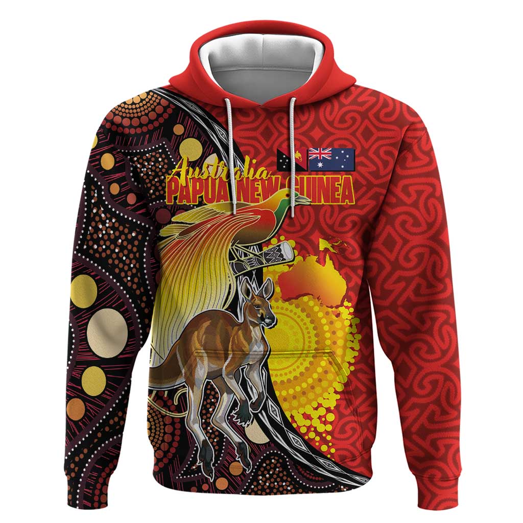 Australia and Papua New Guinea Together Hoodie Bird-of-paradise and Kangaroo with Oro Tapa and Aboriginal Art Motifs LT03 Pullover Hoodie Black - Polynesian Pride