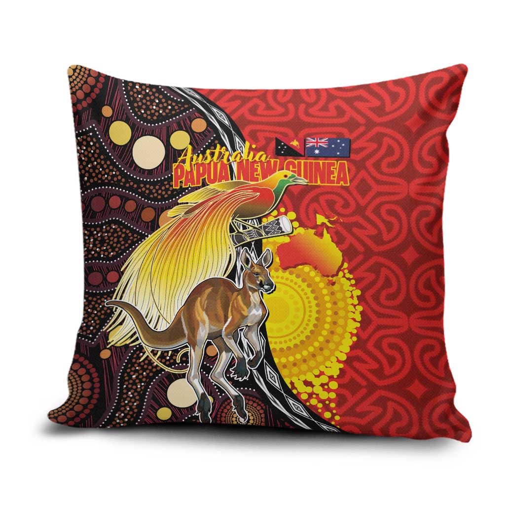 Australia and Papua New Guinea Together Pillow Cover Bird-of-paradise and Kangaroo with Oro Tapa and Aboriginal Art Motifs LT03 Black - Polynesian Pride