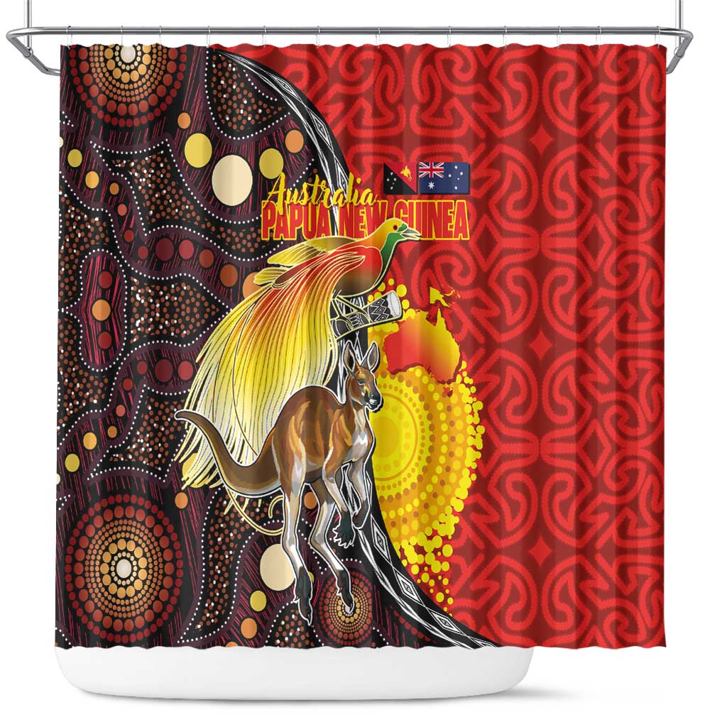 Australia and Papua New Guinea Together Shower Curtain Bird-of-paradise and Kangaroo with Oro Tapa and Aboriginal Art Motifs LT03 Black - Polynesian Pride