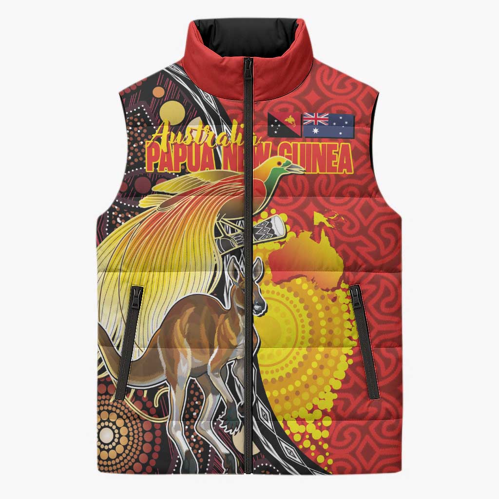 Australia and Papua New Guinea Together Sleeveless Puffer Jacket Bird-of-paradise and Kangaroo with Oro Tapa and Aboriginal Art Motifs LT03 Unisex Black - Polynesian Pride