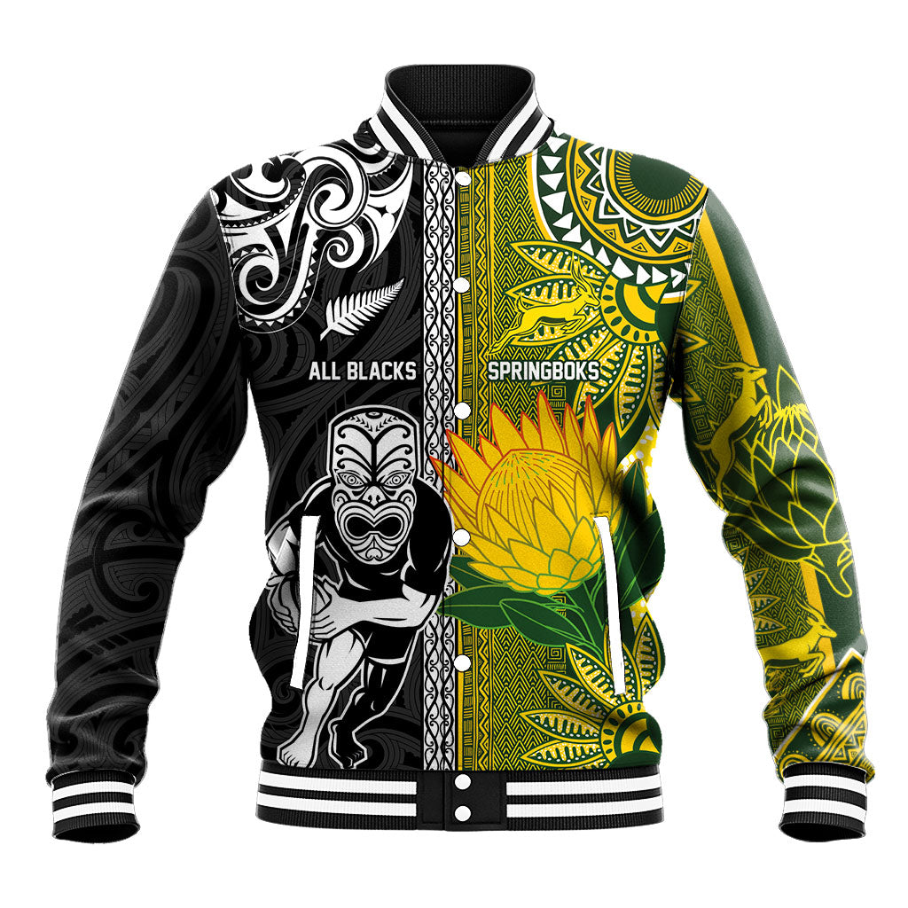 Custom Rugby New Zealand and South Africa Baseball Jacket Greatest Rivalry Silver Fern and Antelope LT03 Unisex Multicolor - Polynesian Pride