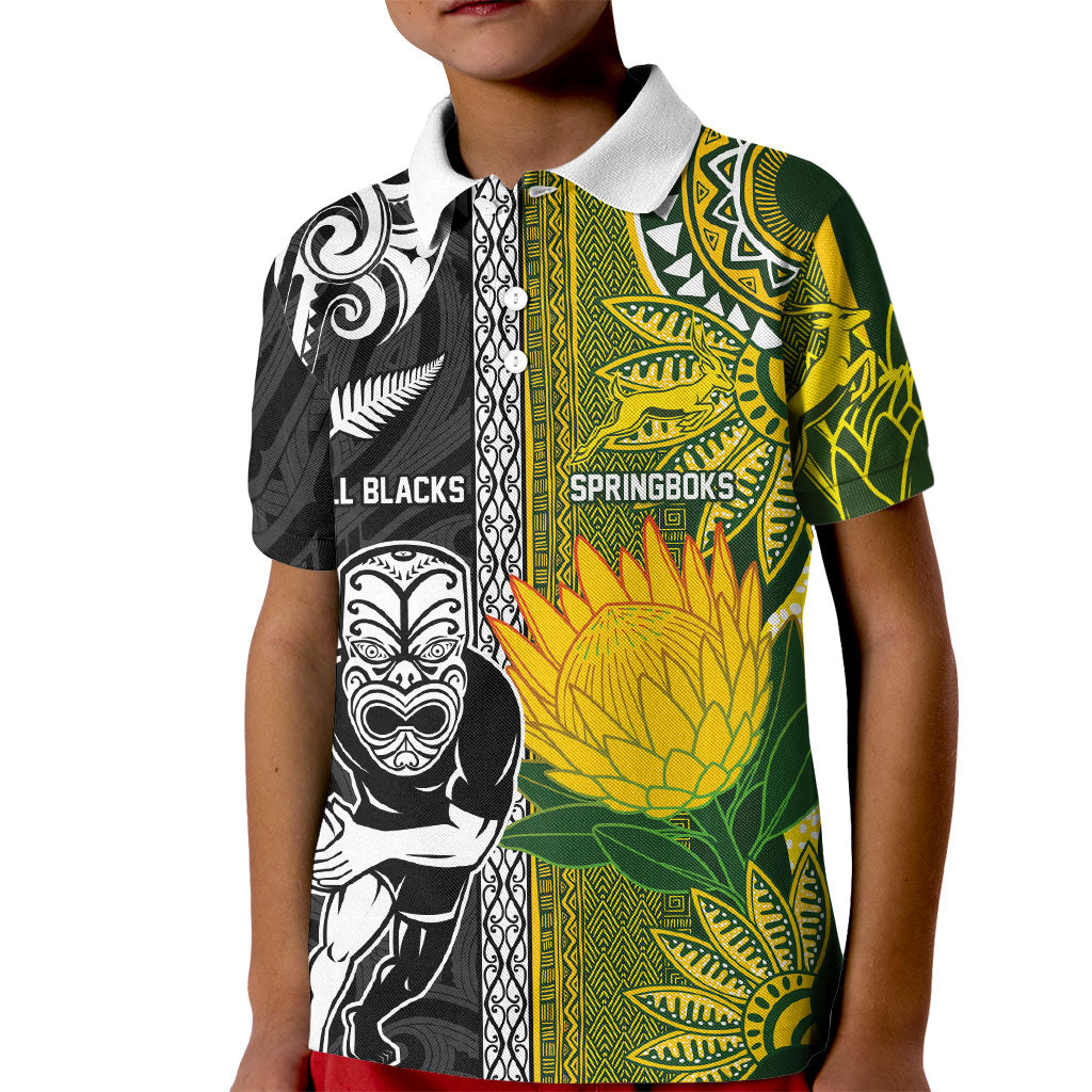 Custom Rugby New Zealand and South Africa Kid Polo Shirt Greatest Rivalry Silver Fern and Antelope