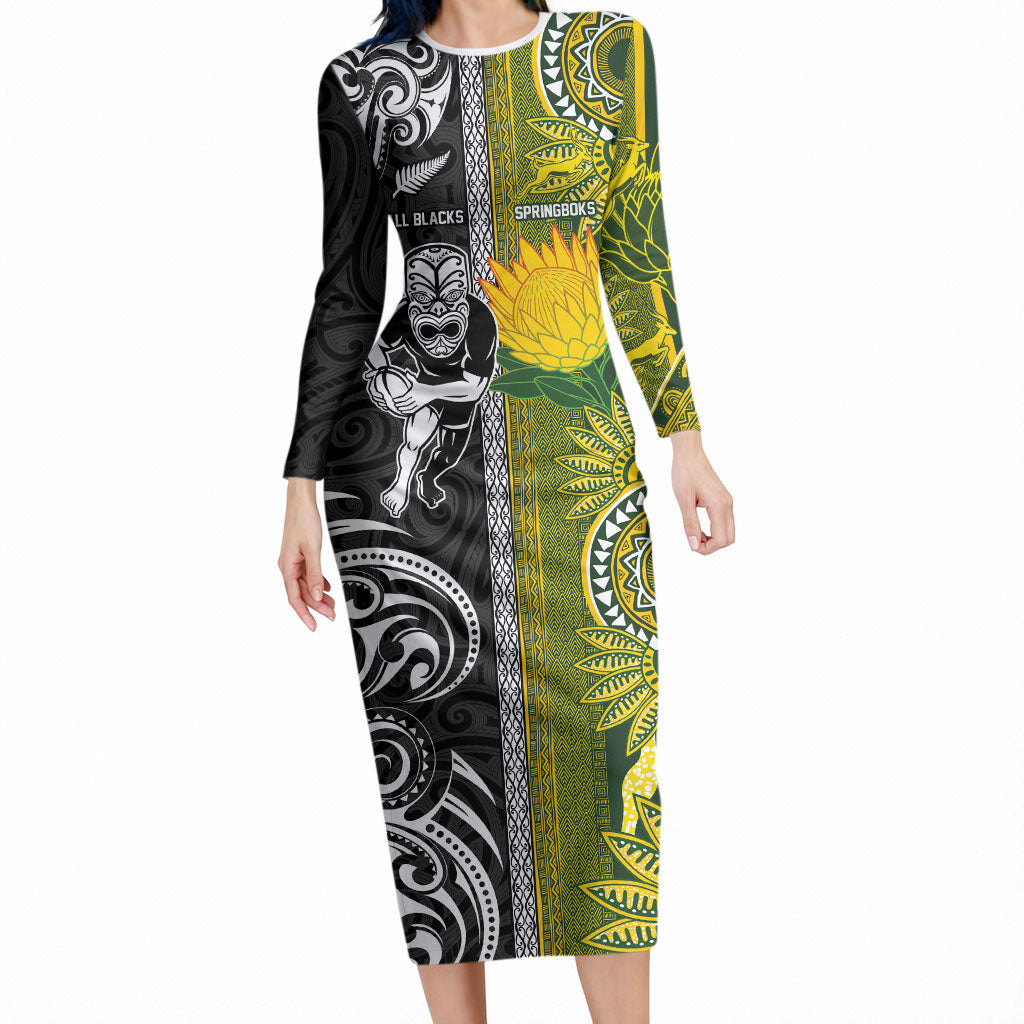 Custom Rugby New Zealand and South Africa Long Sleeve Bodycon Dress Greatest Rivalry Silver Fern and Antelope LT03 Long Dress Multicolor - Polynesian Pride