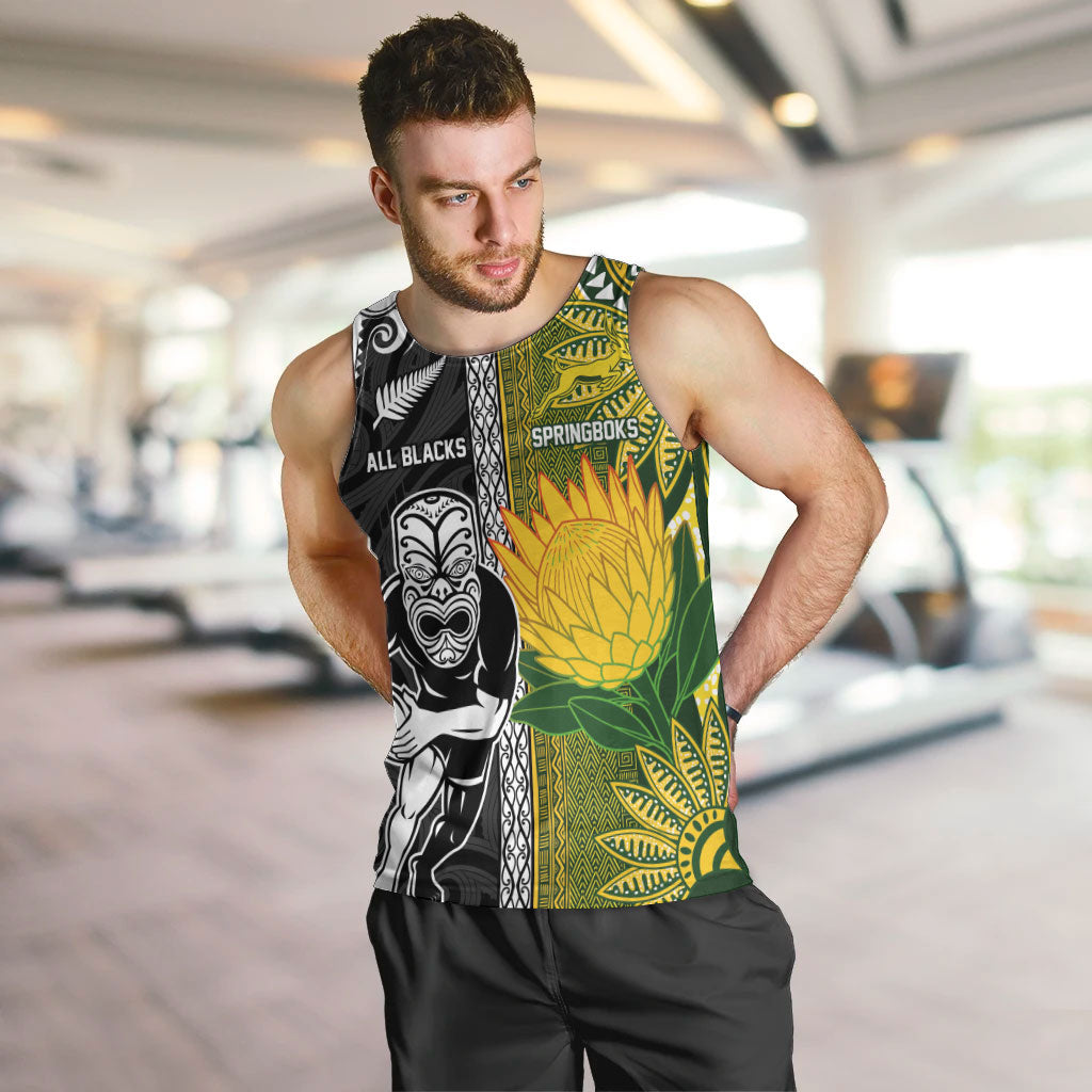 Custom Rugby New Zealand and South Africa Men Tank Top Greatest Rivalry Silver Fern and Antelope