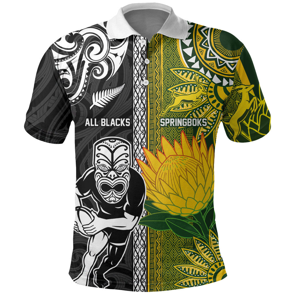 Custom Rugby New Zealand and South Africa Polo Shirt Greatest Rivalry Silver Fern and Antelope