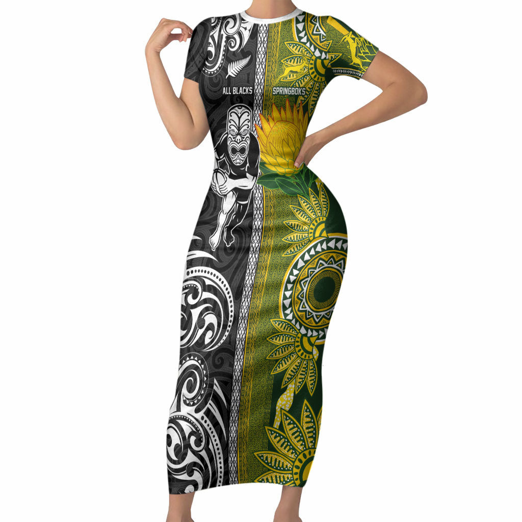 Custom Rugby New Zealand and South Africa Short Sleeve Bodycon Dress Greatest Rivalry Silver Fern and Antelope