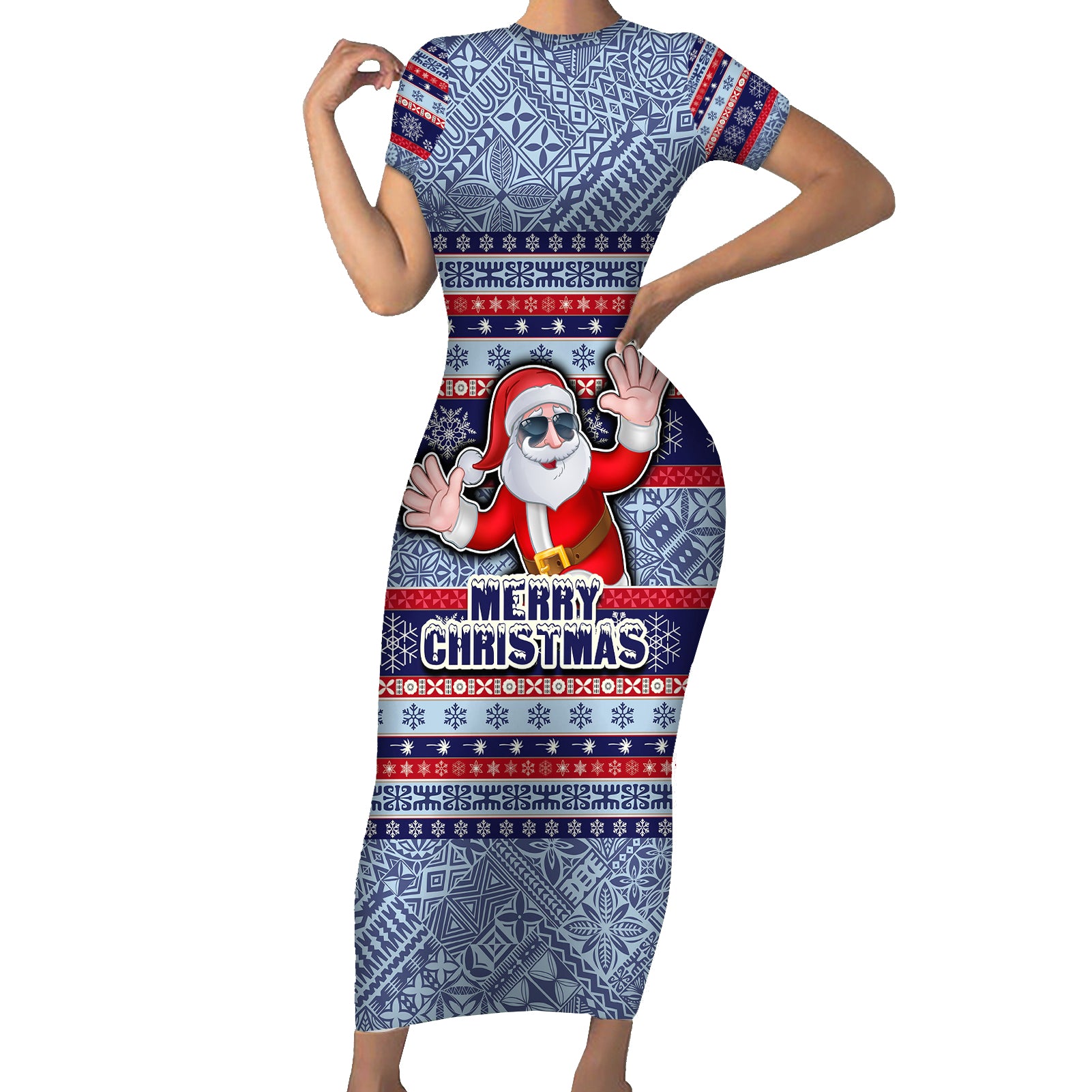 Fiji Christmas Short Sleeve Bodycon Dress Fijian Santa and Coat of Arm Polynesian Pride