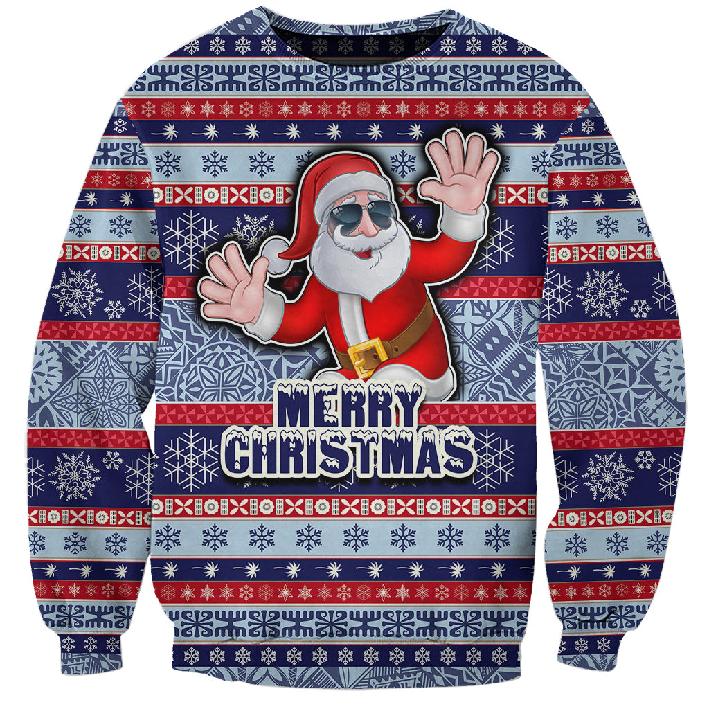 Fiji Christmas Sweatshirt Fijian Santa and Coat of Arms Mix Tapa Pattern Striped Style LT03 Unisex Blue - Polynesian Pride