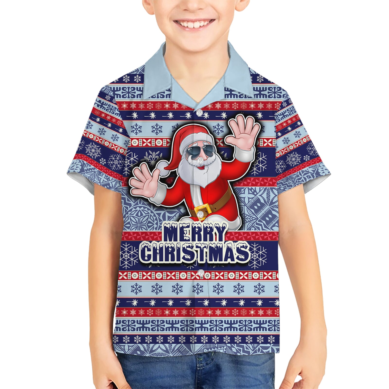 Custom Fiji Christmas Kid Hawaiian Shirt Fijian Santa and Coat of Arms Mix Tapa Pattern Striped Style LT03 Kid Blue - Polynesian Pride