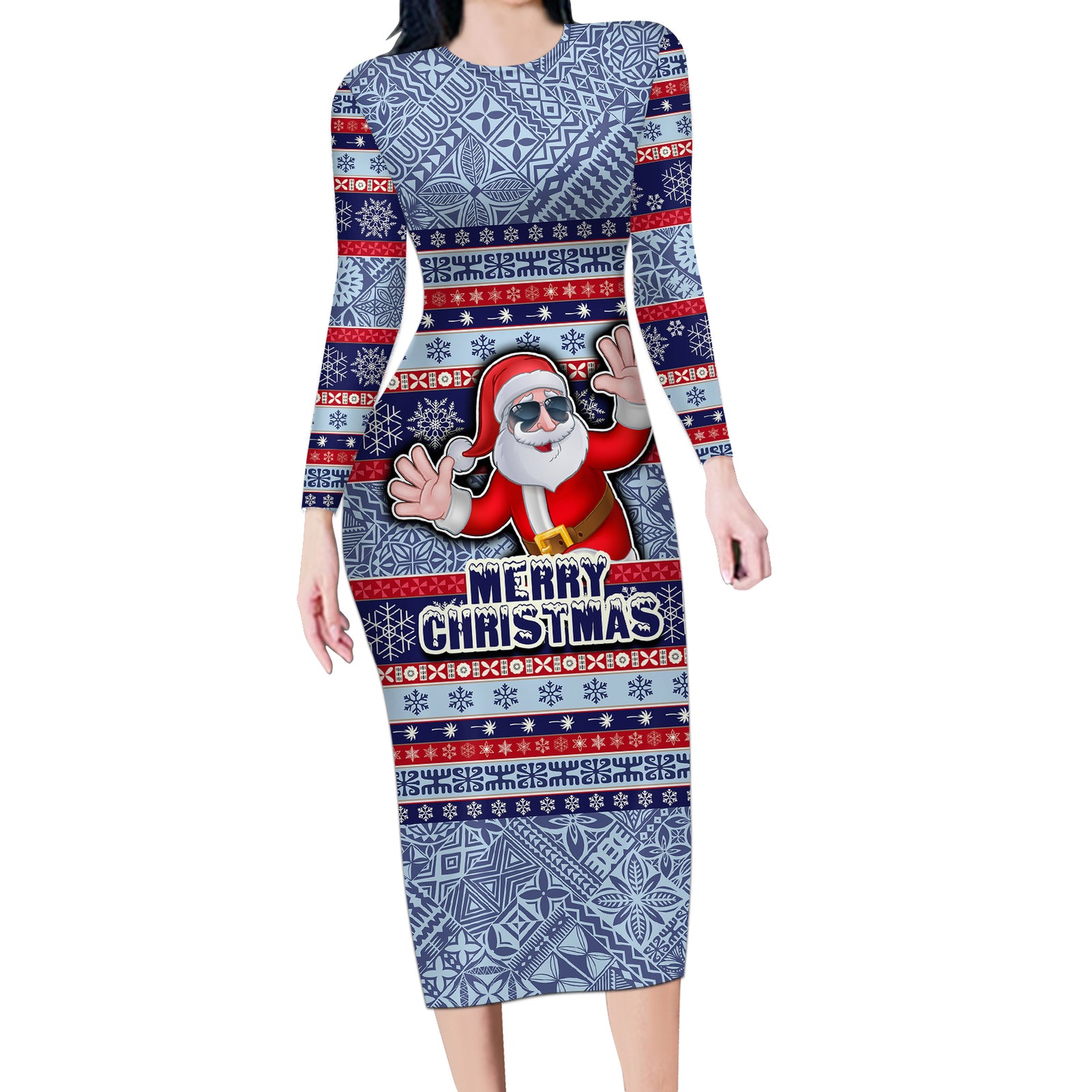 Custom Fiji Christmas Long Sleeve Bodycon Dress Fijian Santa and Coat of Arms Mix Tapa Pattern Striped Style LT03 Long Dress Blue - Polynesian Pride