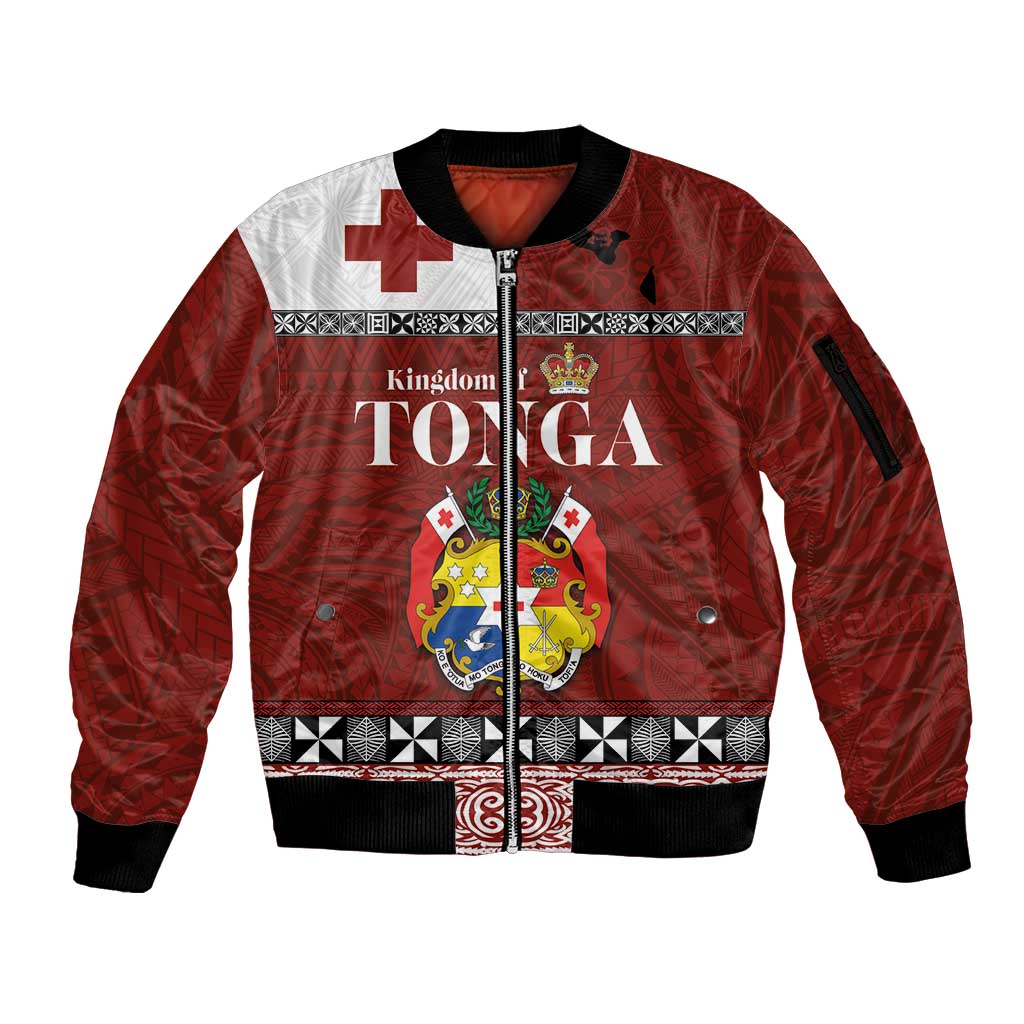 Tongan Culture Sleeve Zip Bomber Jacket Ngatu Art Tattoo and Emblem of Tonga LT03 Unisex Red - Polynesian Pride