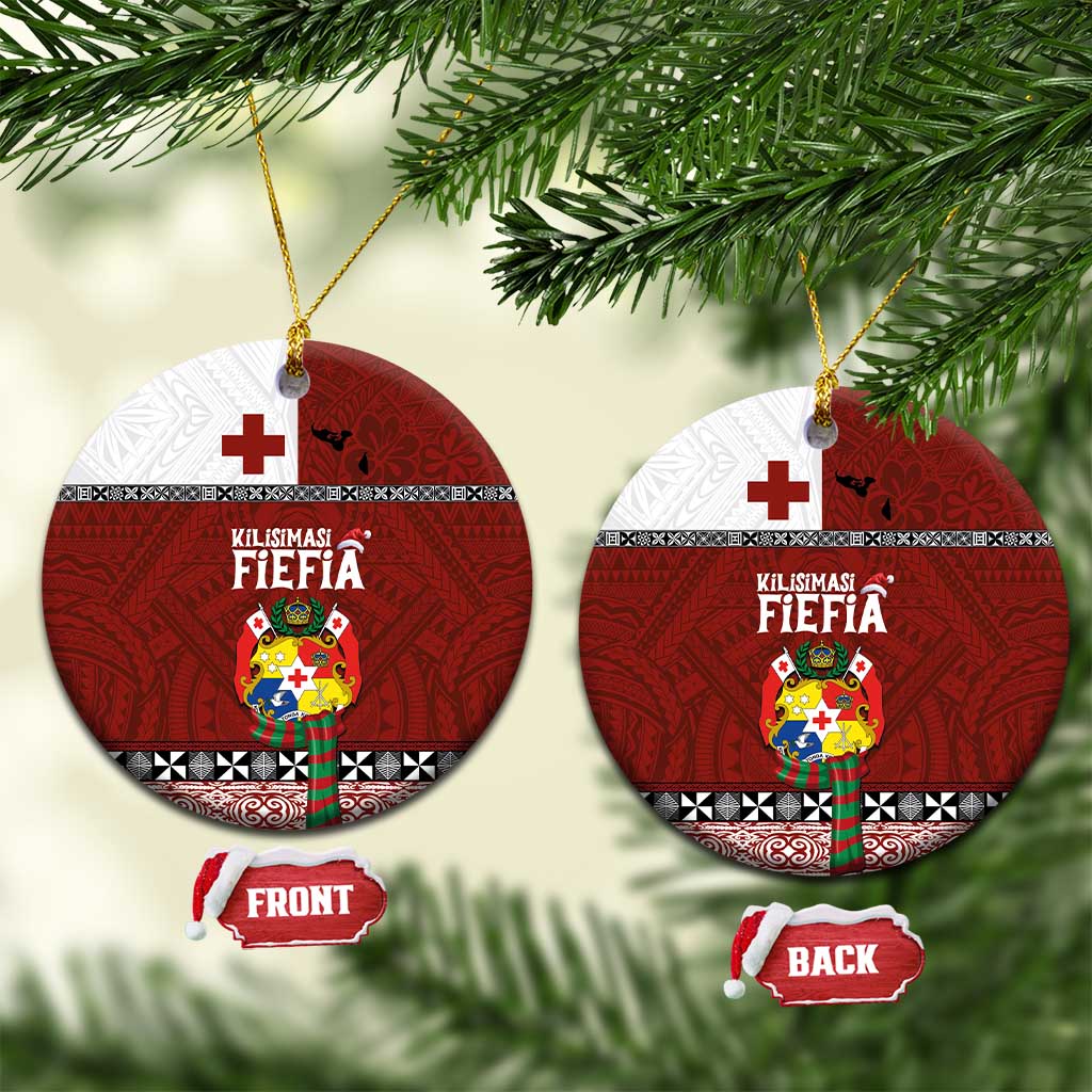 Tongan Christmas Ceramic Ornament Kilisimasi Fiefia with Ngatu Art Tattoo LT03 Circle Red - Polynesian Pride