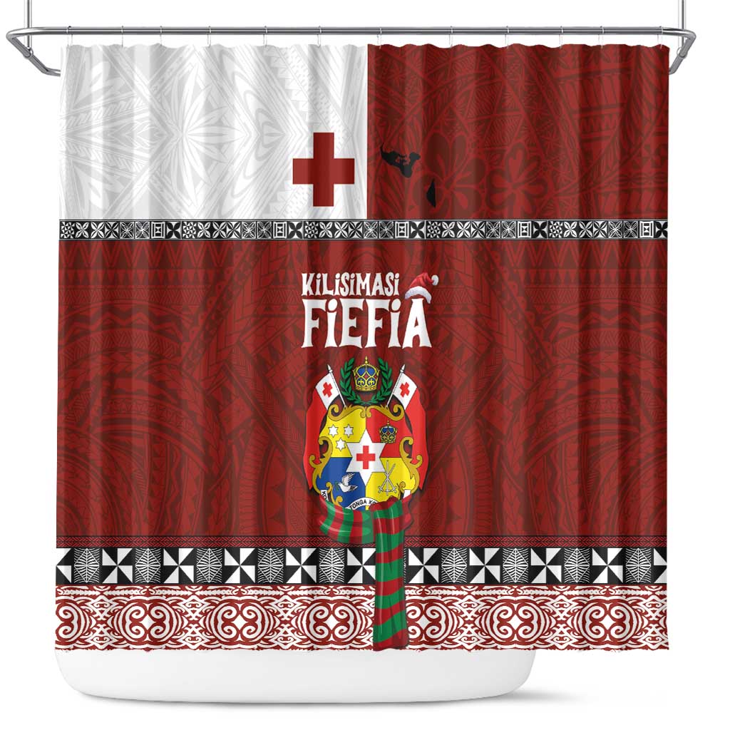 Tongan Christmas Shower Curtain Kilisimasi Fiefia with Ngatu Art Tattoo LT03 Red - Polynesian Pride