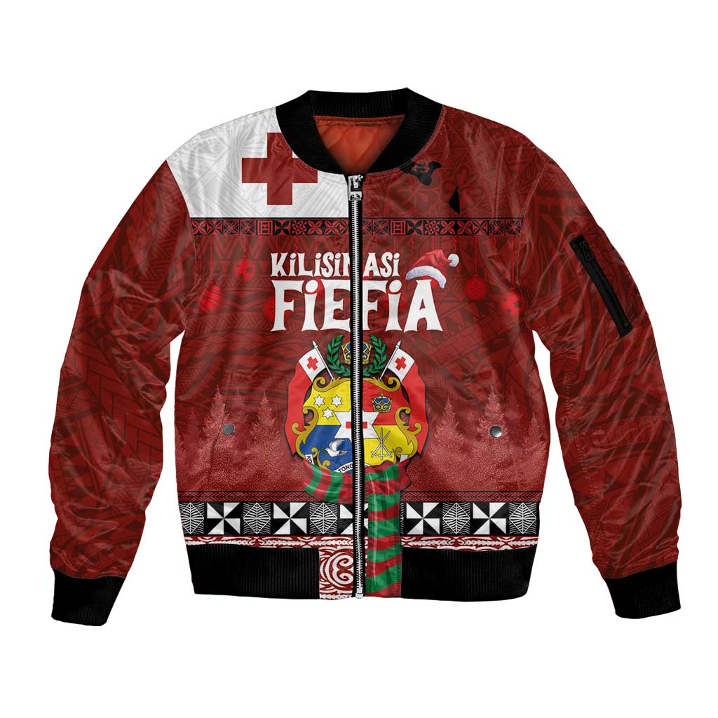 Tongan Christmas Sleeve Zip Bomber Jacket Kilisimasi Fiefia with Ngatu Art Tattoo LT03 Unisex Red - Polynesian Pride