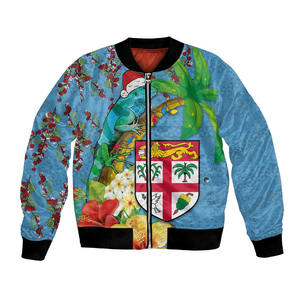 Fijians Iguana Tagimoucia Christmas Bomber Jacket Christmas Palm Tree and Hibiscus LT03 Unisex Blue - Polynesian Pride