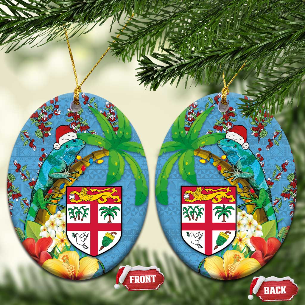 Fijians Iguana Tagimoucia Christmas Ceramic Ornament Christmas Palm Tree and Hibiscus LT03 Oval Blue - Polynesian Pride