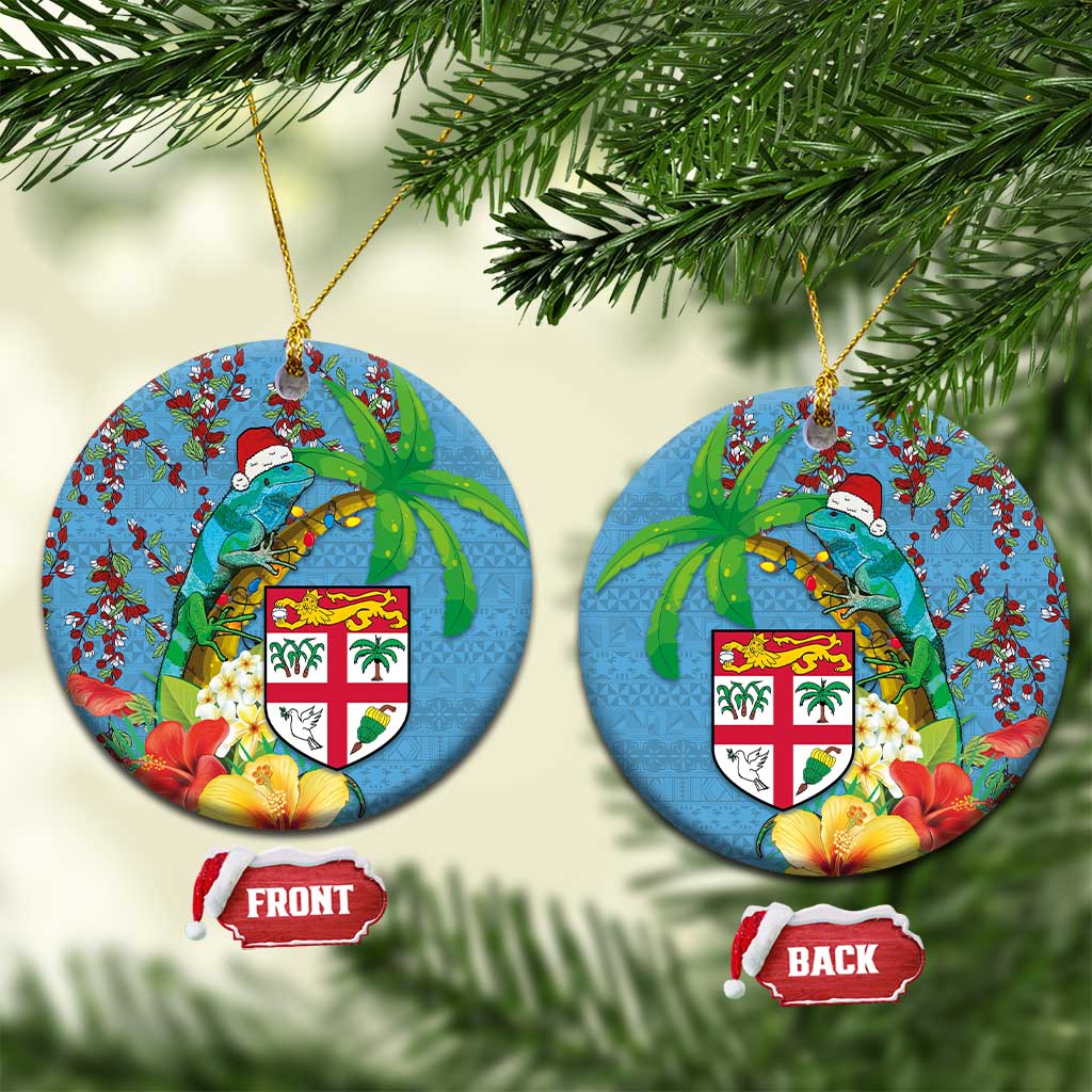 Fijians Iguana Tagimoucia Christmas Ceramic Ornament Christmas Palm Tree and Hibiscus LT03 Circle Blue - Polynesian Pride