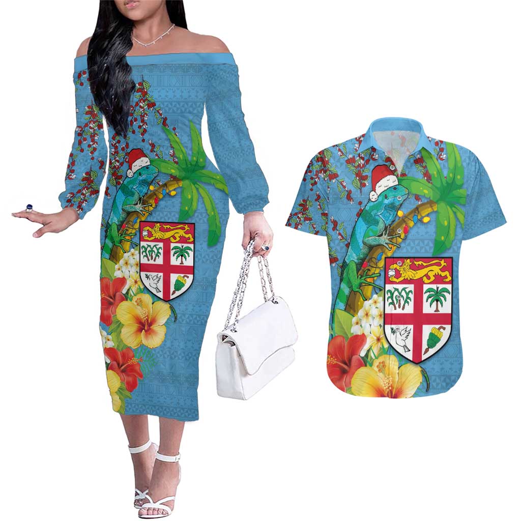 Fijians Iguana Tagimoucia Christmas Couples Matching Off The Shoulder Long Sleeve Dress and Hawaiian Shirt Christmas Palm Tree and Hibiscus