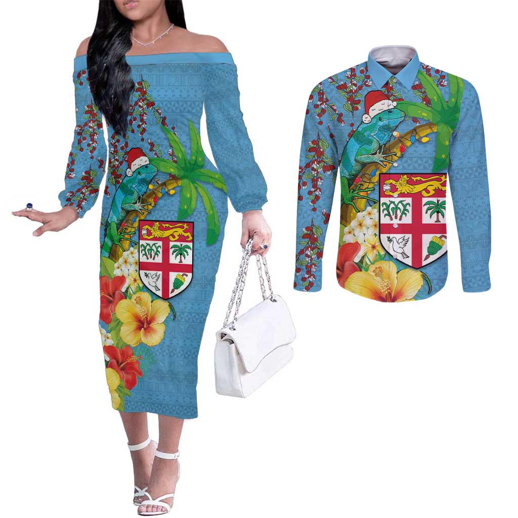 Fijians Iguana Tagimoucia Christmas Couples Matching Off The Shoulder Long Sleeve Dress and Long Sleeve Button Shirt Christmas Palm Tree and Hibiscus