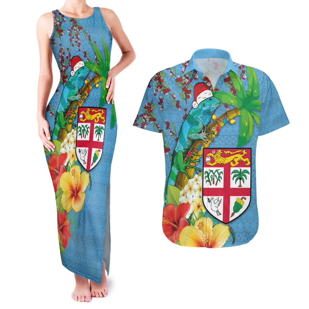 Fijians Iguana Tagimoucia Christmas Couples Matching Tank Maxi Dress and Hawaiian Shirt Christmas Palm Tree and Hibiscus