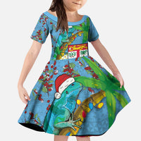 Fijians Iguana Tagimoucia Christmas Kid Short Sleeve Dress Christmas Palm Tree and Hibiscus LT03 KID Blue - Polynesian Pride