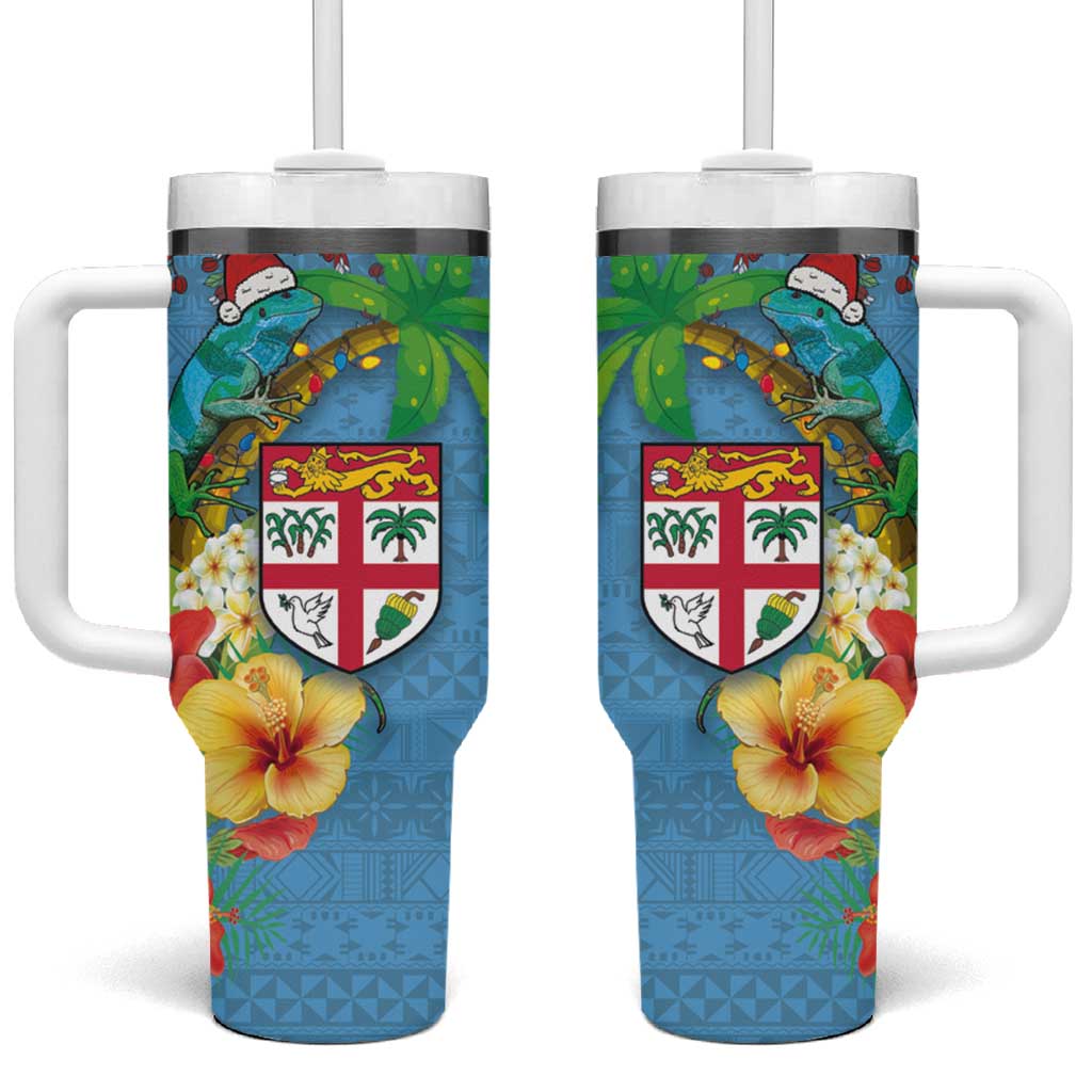 Fijians Iguana Tagimoucia Christmas Tumbler With Handle Christmas Palm Tree and Hibiscus LT03 One Size: 40 oz Blue - Polynesian Pride