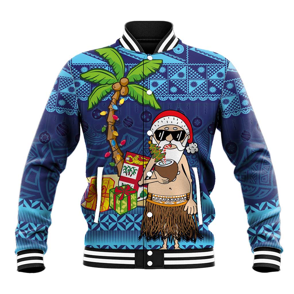 The Funny Santa Wears Sulu Christmas Baseball Jacket Fijian Christmas Palm Tree With Masi Art Tattoo LT03 Unisex Blue - Polynesian Pride