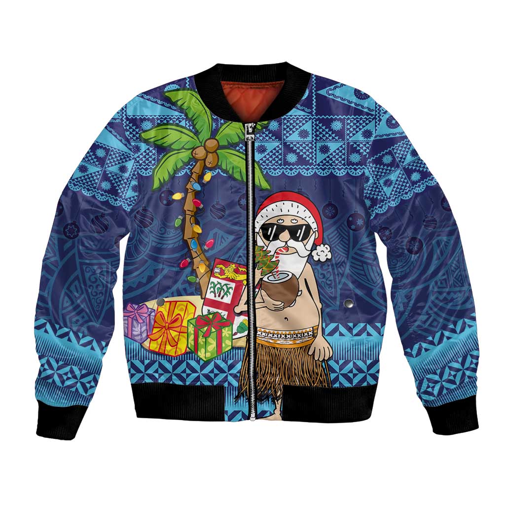The Funny Santa Wears Sulu Christmas Bomber Jacket Fijian Christmas Palm Tree With Masi Art Tattoo LT03 Unisex Blue - Polynesian Pride