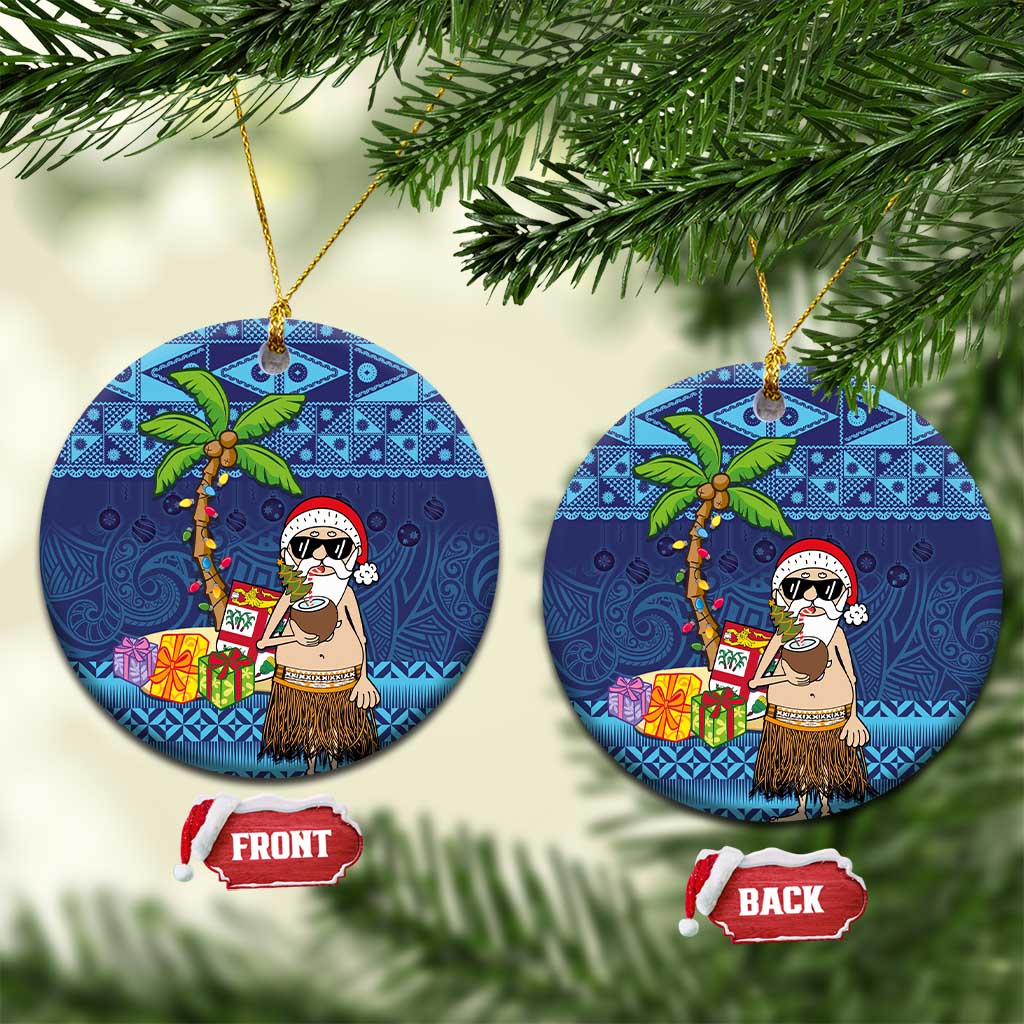 The Funny Santa Wears Sulu Christmas Ceramic Ornament Fijian Christmas Palm Tree With Masi Art Tattoo LT03 Circle Blue - Polynesian Pride