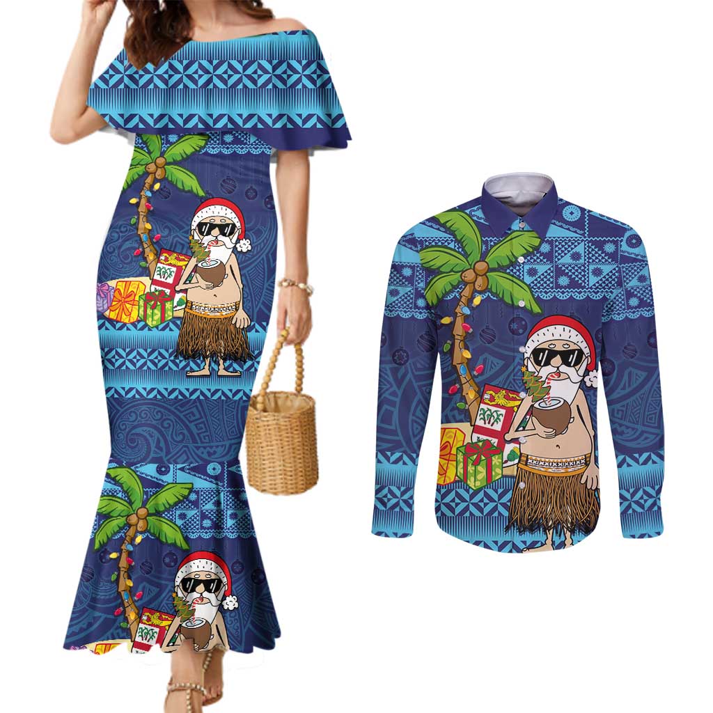 The Funny Santa Wears Sulu Christmas Couples Matching Mermaid Dress and Long Sleeve Button Shirt Fijian Christmas Palm Tree With Masi Art Tattoo