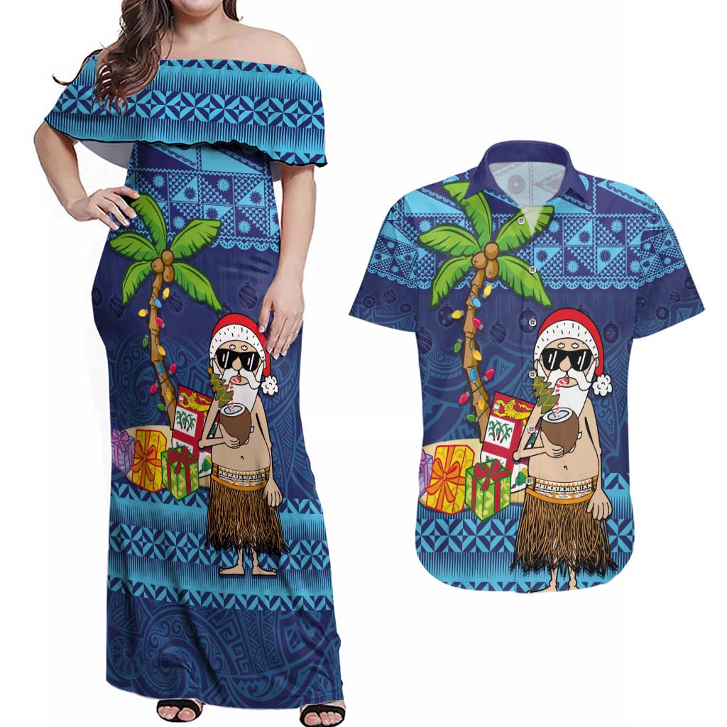 The Funny Santa Wears Sulu Christmas Couples Matching Off Shoulder Maxi Dress and Hawaiian Shirt Fijian Christmas Palm Tree With Masi Art Tattoo