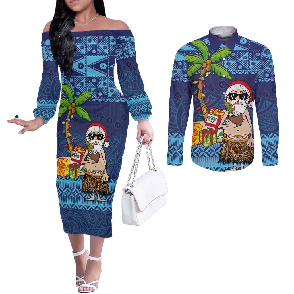 The Funny Santa Wears Sulu Christmas Couples Matching Off The Shoulder Long Sleeve Dress and Long Sleeve Button Shirt Fijian Christmas Palm Tree With Masi Art Tattoo