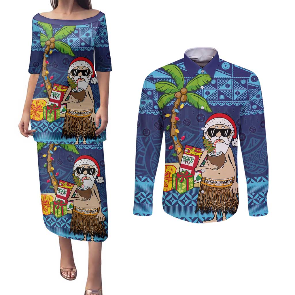 The Funny Santa Wears Sulu Christmas Couples Matching Puletasi and Long Sleeve Button Shirt Fijian Christmas Palm Tree With Masi Art Tattoo