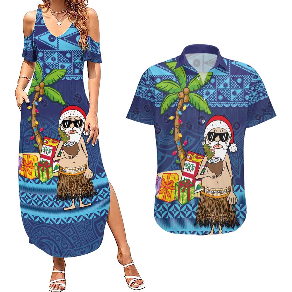 The Funny Santa Wears Sulu Christmas Couples Matching Summer Maxi Dress and Hawaiian Shirt Fijian Christmas Palm Tree With Masi Art Tattoo