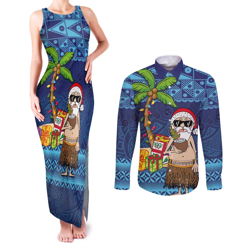 The Funny Santa Wears Sulu Christmas Couples Matching Tank Maxi Dress and Long Sleeve Button Shirt Fijian Christmas Palm Tree With Masi Art Tattoo