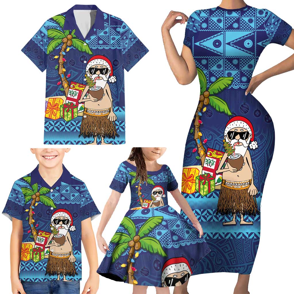 The Funny Santa Wears Sulu Christmas Family Matching Short Sleeve Bodycon Dress and Hawaiian Shirt Fijian Christmas Palm Tree With Masi Art Tattoo