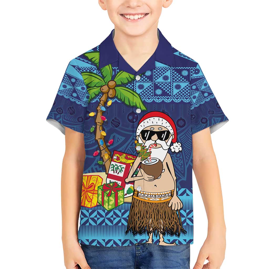 The Funny Santa Wears Sulu Christmas Kid Hawaiian Shirt Fijian Christmas Palm Tree With Masi Art Tattoo LT03 Kid Blue - Polynesian Pride