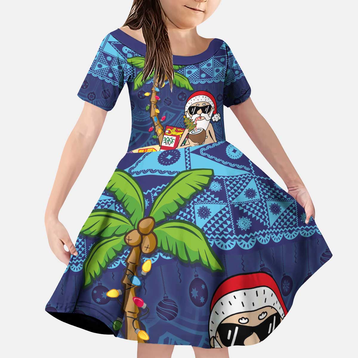 The Funny Santa Wears Sulu Christmas Kid Short Sleeve Dress Fijian Christmas Palm Tree With Masi Art Tattoo