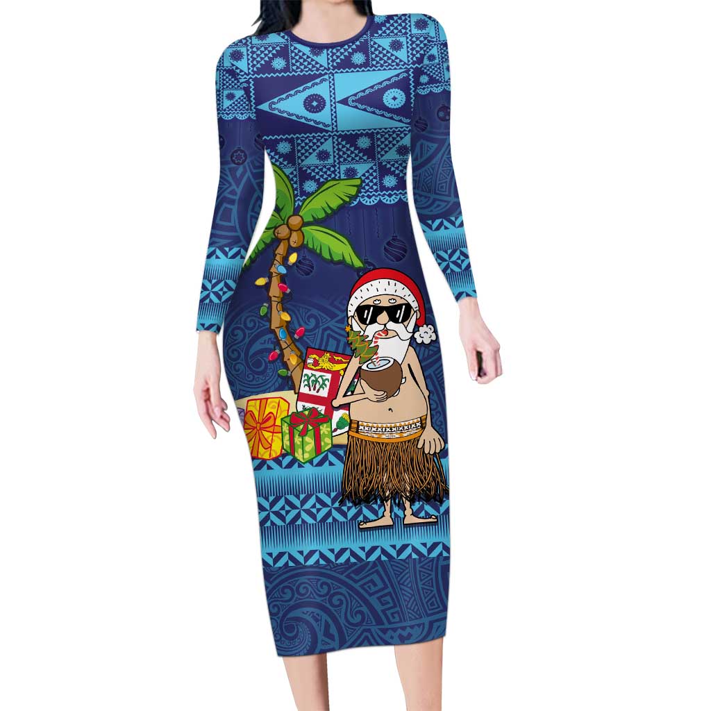 The Funny Santa Wears Sulu Christmas Long Sleeve Bodycon Dress Fijian Christmas Palm Tree With Masi Art Tattoo