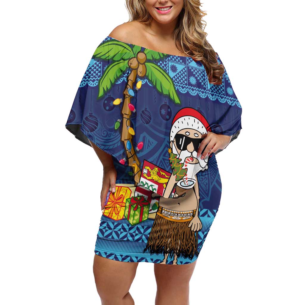 The Funny Santa Wears Sulu Christmas Off Shoulder Short Dress Fijian Christmas Palm Tree With Masi Art Tattoo