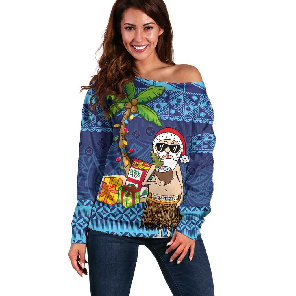 The Funny Santa Wears Sulu Christmas Off Shoulder Sweater Fijian Christmas Palm Tree With Masi Art Tattoo